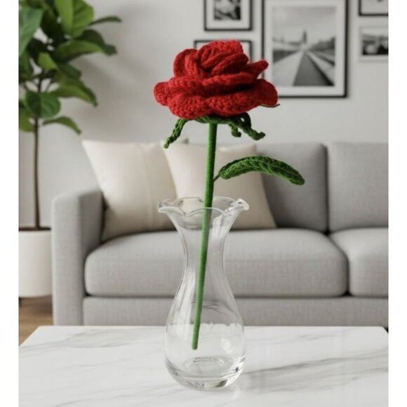 Handmade Crochet Red Rose Flower Arrangement Gift Idea Romantic Home Office Deco - Picture 2 of 5